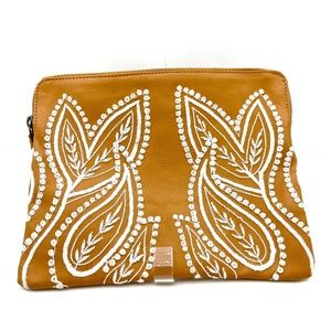 Zip Pouch Wallet Wristlet Embroidered Cowl Leather Boho Tan Mustard